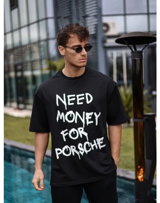 Unisex Bisiklet Yaka Baskılı Oversize T-Shirt - Siyah