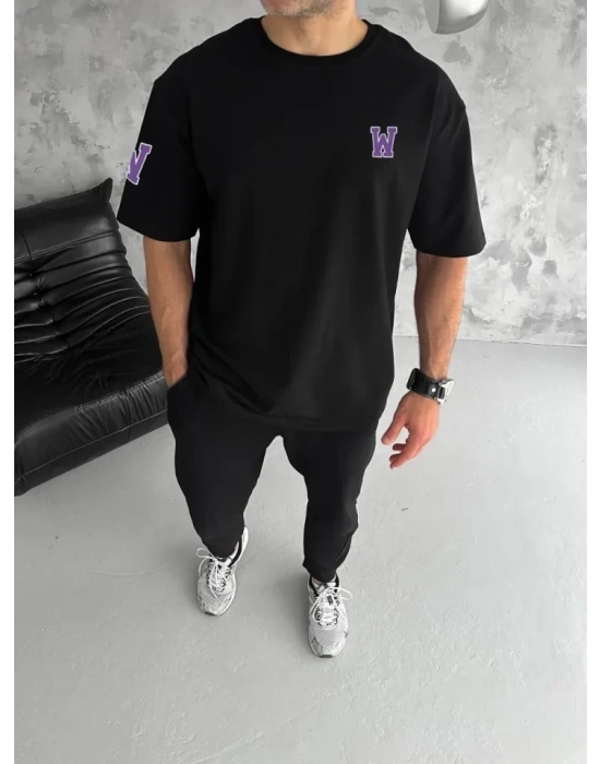 Unisex Bisiklet Yaka Baskılı Oversize T-Shirt - Siyah