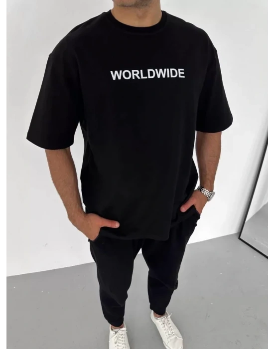 Unisex Bisiklet Yaka Baskılı Oversize T-Shirt - Siyah