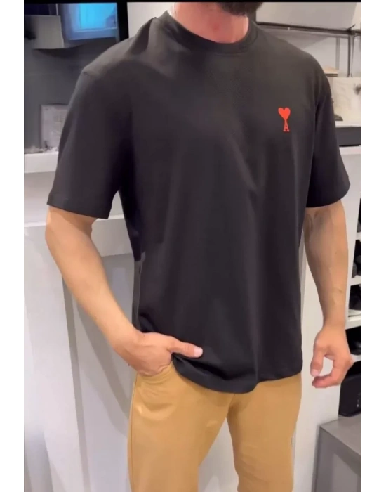 Unisex Bisiklet Yaka Baskılı Oversize T-Shirt - Siyah