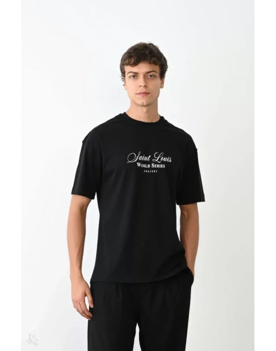 Unisex Bisiklet Yaka Baskılı Oversize T-Shirt - Siyah