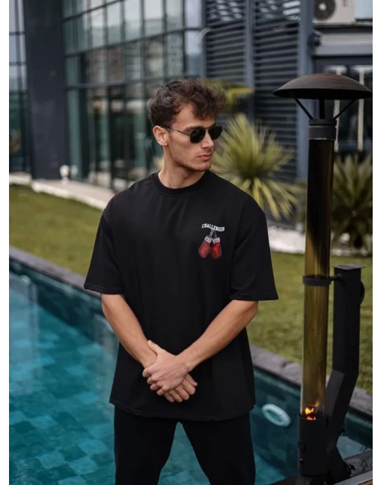 Unisex Bisiklet Yaka Baskılı Oversize T-Shirt - Siyah