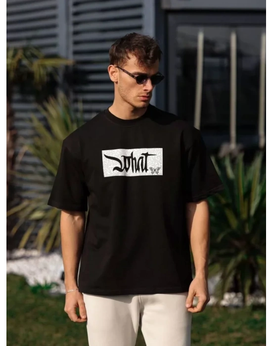 Unisex Bisiklet Yaka Baskılı Oversize T-Shirt - Siyah