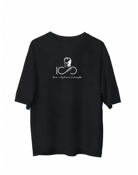 Unisex Bisiklet Yaka Baskılı Oversize T-Shirt - Siyah