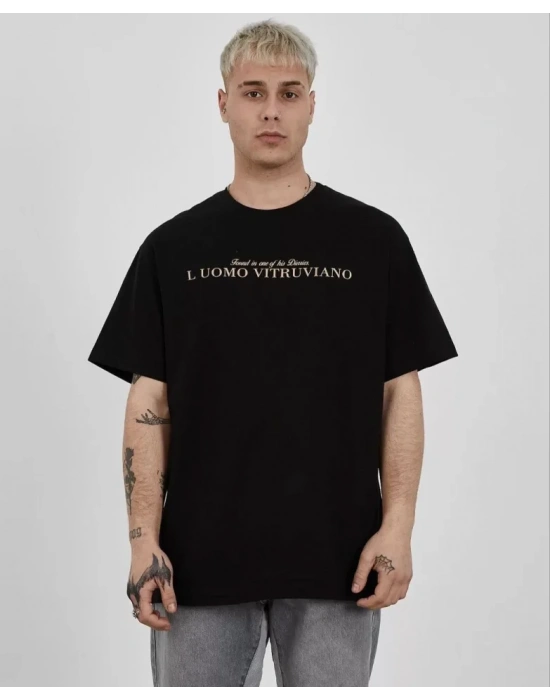 Unisex Bisiklet Yaka Baskılı Oversize T-Shirt - Siyah