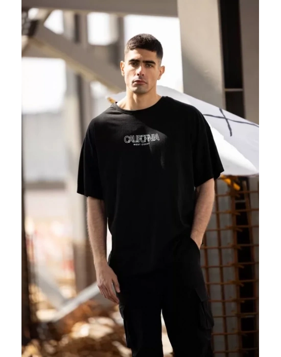 Unisex Bisiklet Yaka Baskılı Oversize T-Shirt - Siyah