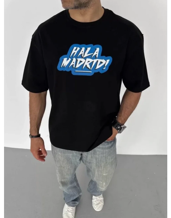 Unisex Bisiklet Yaka Baskılı Oversize T-Shirt - Siyah