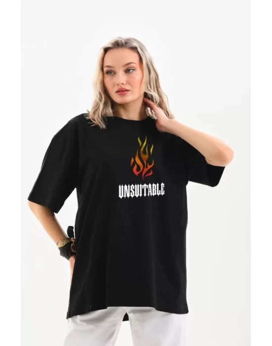 Unisex Bisiklet Yaka Baskılı Oversize T-Shirt - Siyah