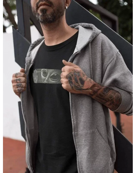 Unisex Bisiklet Yaka Baskılı Oversize T-Shirt - Siyah