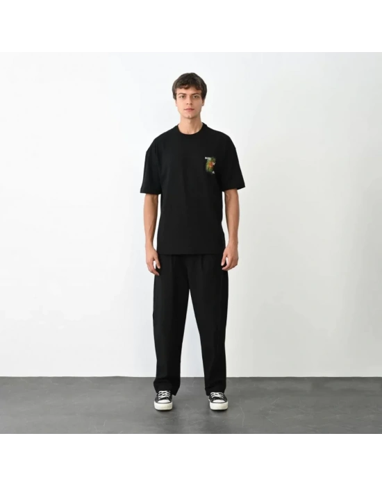 Unisex Bisiklet Yaka Baskılı Oversize T-Shirt - Siyah