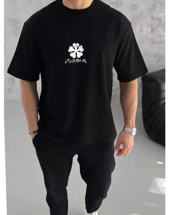 Unisex Bisiklet Yaka Baskılı Oversize T-Shirt - Siyah