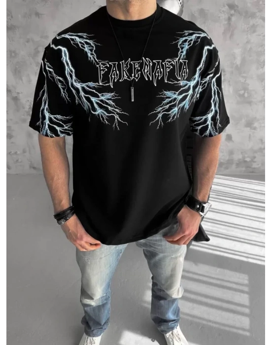 Unisex Bisiklet Yaka Baskılı Oversize T-Shirt - Siyah