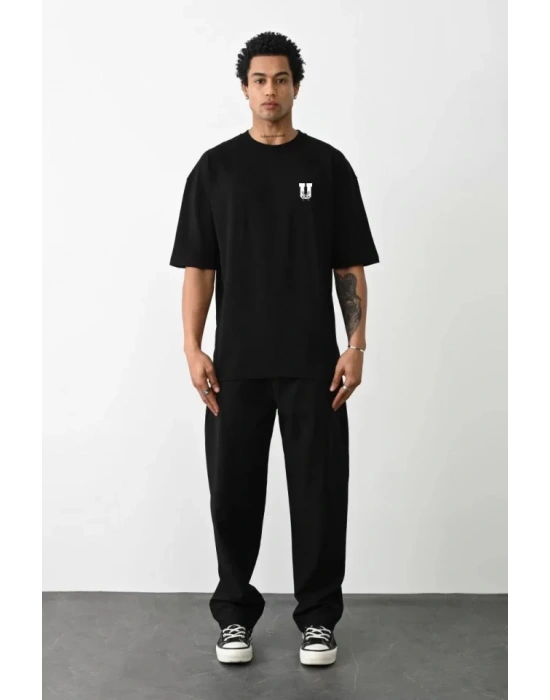 Unisex Bisiklet Yaka Baskılı Oversize T-Shirt - Siyah