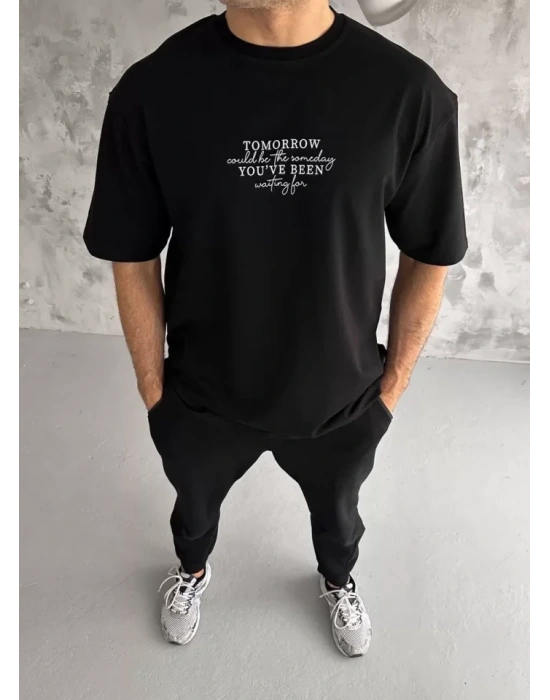 Unisex Bisiklet Yaka Baskılı Oversize T-Shirt - Siyah