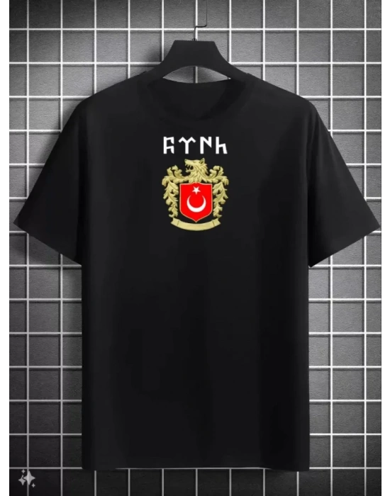 Unisex Bisiklet Yaka Baskılı Oversize T-Shirt - Siyah