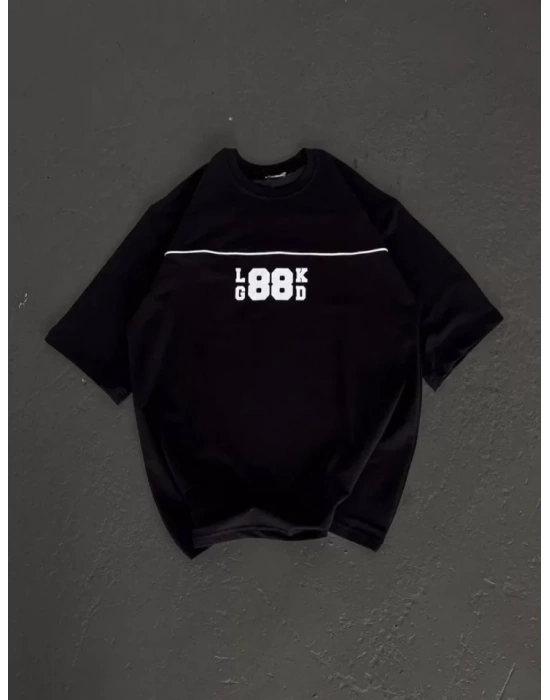 Unisex Bisiklet Yaka Baskılı Oversize T-Shirt - Siyah