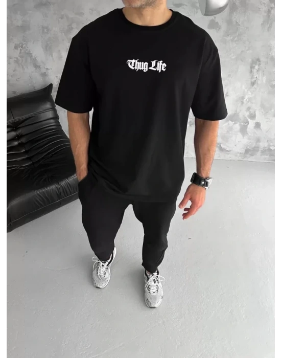 Unisex Bisiklet Yaka Baskılı Oversize T-Shirt - Siyah