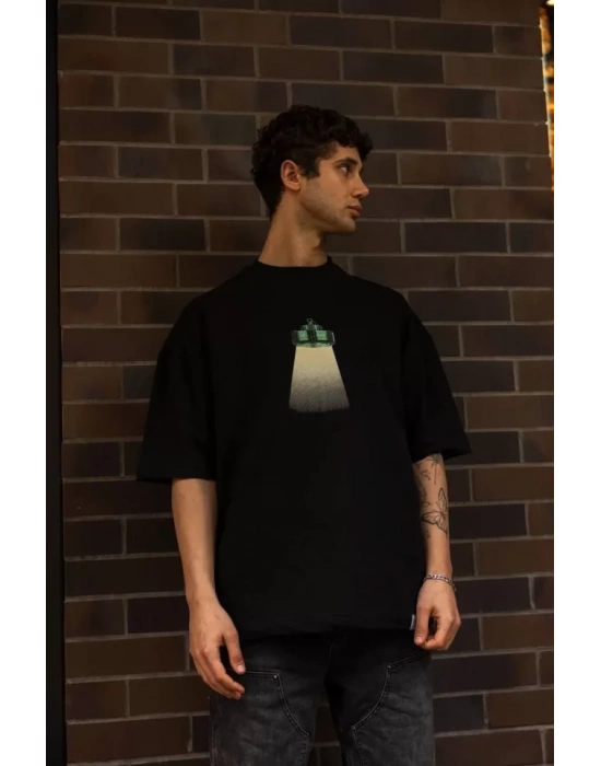 Unisex Bisiklet Yaka Baskılı Oversize T-Shirt - Siyah