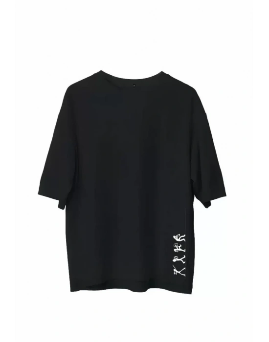 Unisex Bisiklet Yaka Baskılı Oversize T-Shirt - Siyah