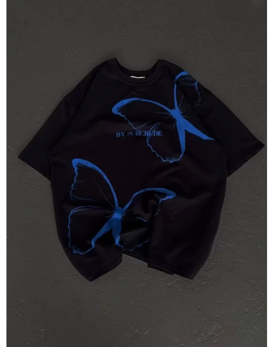 Unisex Bisiklet Yaka Baskılı Oversize T-Shirt - Siyah