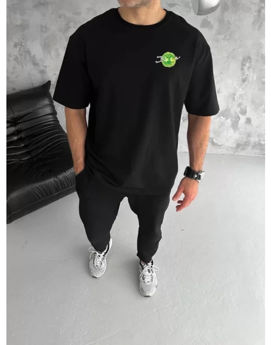 Unisex Bisiklet Yaka Baskılı Oversize T-Shirt - Siyah