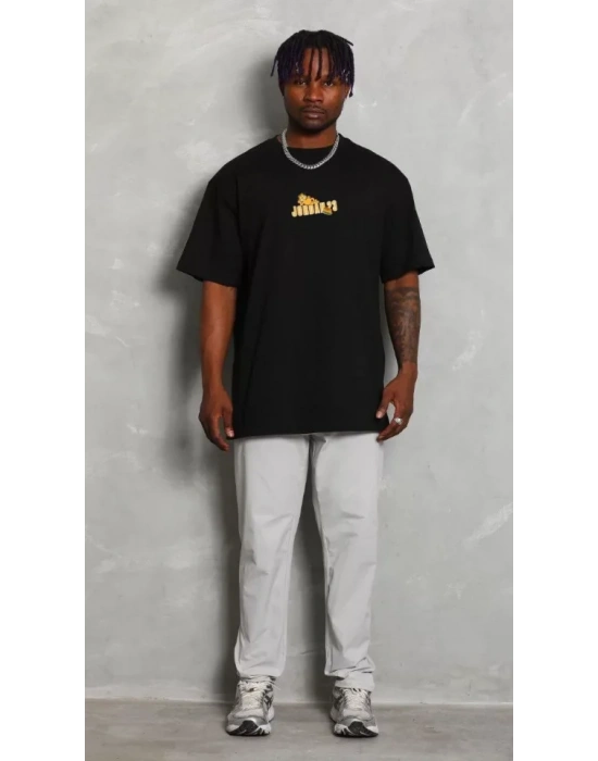 Unisex Bisiklet Yaka Baskılı Oversize T-Shirt - Siyah