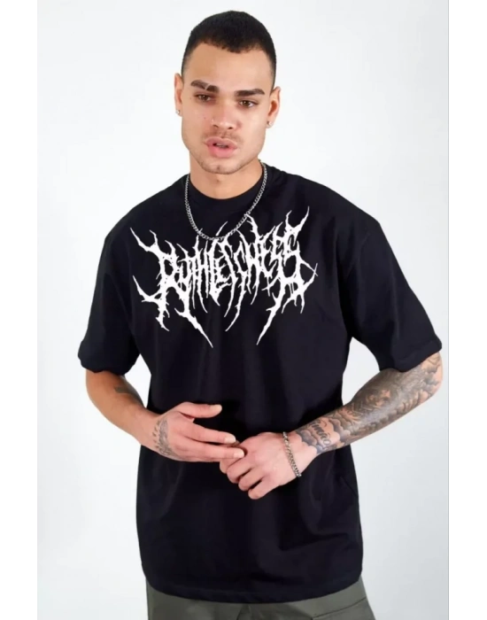 Unisex Bisiklet Yaka Baskılı Oversize T-Shirt - Siyah