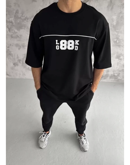 Unisex Bisiklet Yaka Baskılı Oversize T-Shirt - Siyah