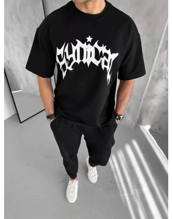 Unisex Bisiklet Yaka Baskılı Oversize T-Shirt - Siyah