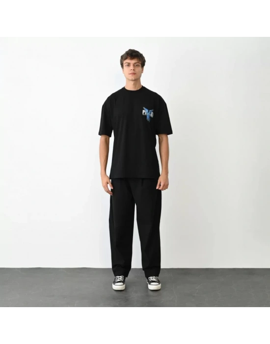 Unisex Bisiklet Yaka Baskılı Oversize T-Shirt - Siyah