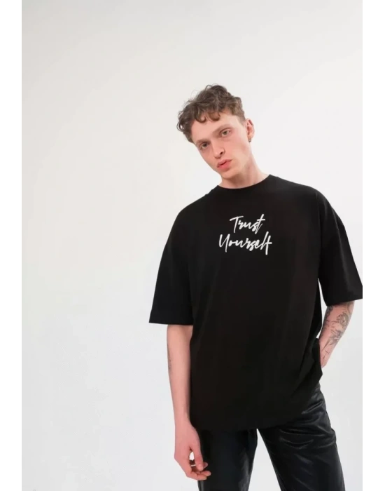 Unisex Bisiklet Yaka Baskılı Oversize T-Shirt - Siyah