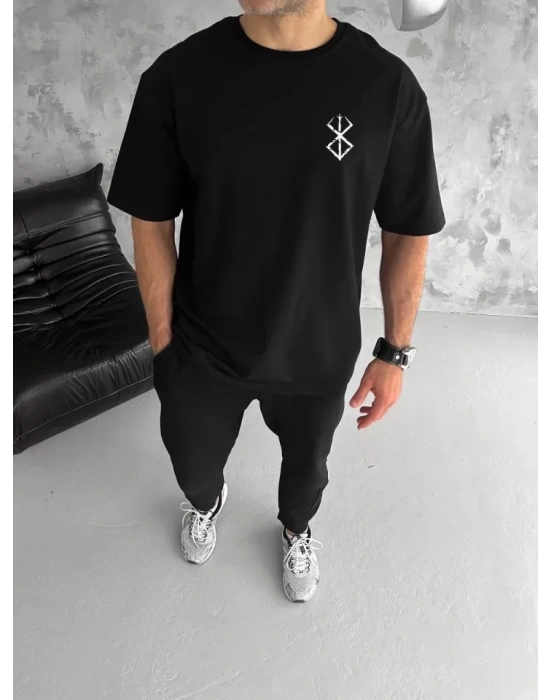 Unisex Bisiklet Yaka Baskılı Oversize T-Shirt - Siyah