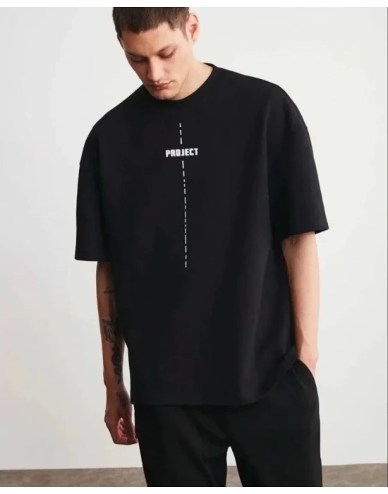 Unisex Bisiklet Yaka Baskılı Oversize T-Shirt - Siyah