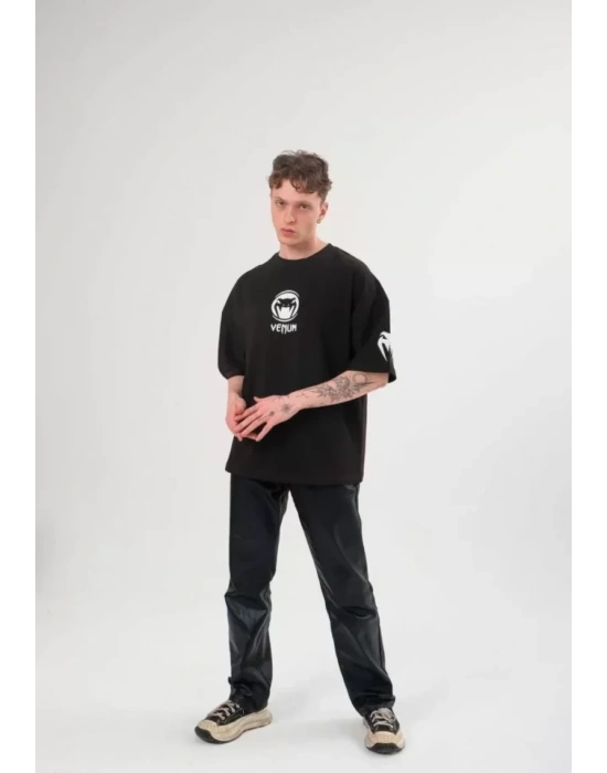 Unisex Bisiklet Yaka Baskılı Oversize T-Shirt - Siyah