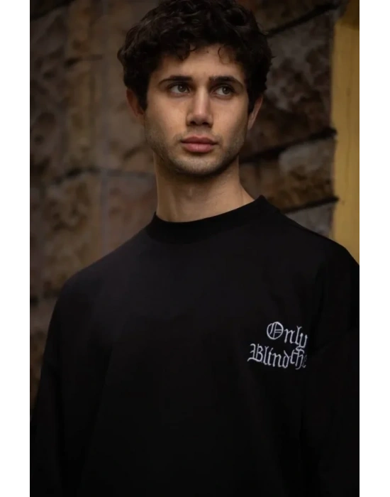 Unisex Bisiklet Yaka Baskılı Oversize T-Shirt - Siyah