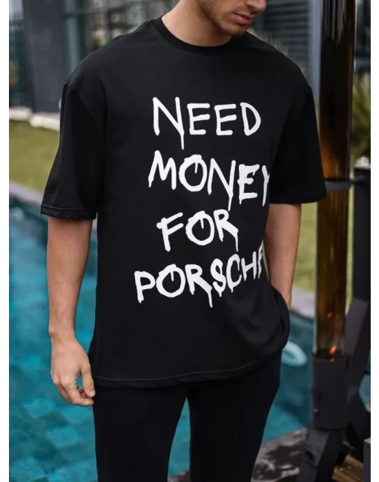 Unisex Bisiklet Yaka Baskılı Oversize T-Shirt - Siyah