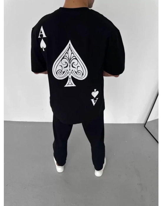 Unisex Bisiklet Yaka Baskılı Oversize T-Shirt - Siyah