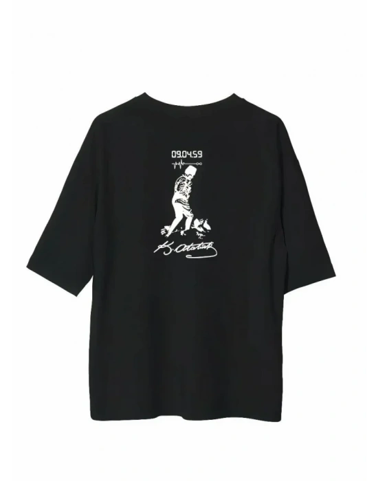 Unisex Bisiklet Yaka Baskılı Oversize T-Shirt - Siyah
