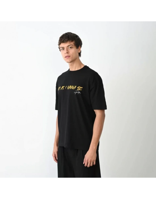 Unisex Bisiklet Yaka Baskılı Oversize T-Shirt - Siyah