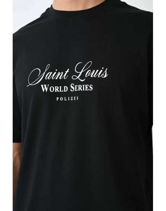 Unisex Bisiklet Yaka Baskılı Oversize T-Shirt - Siyah