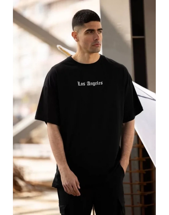 Unisex Bisiklet Yaka Baskılı Oversize T-Shirt - Siyah