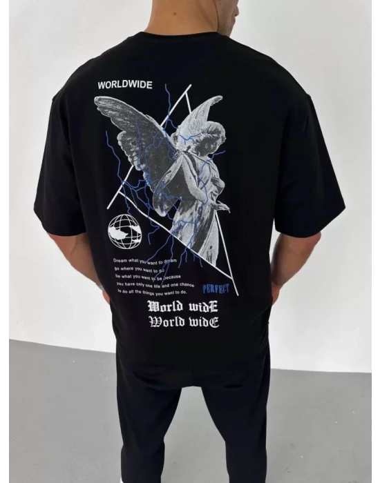 Unisex Bisiklet Yaka Baskılı Oversize T-Shirt - Siyah