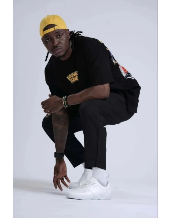 Unisex Bisiklet Yaka Baskılı Oversize T-Shirt - Siyah