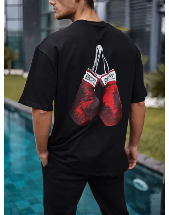 Unisex Bisiklet Yaka Baskılı Oversize T-Shirt - Siyah