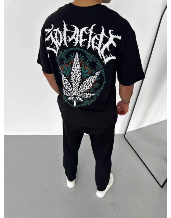 Unisex Bisiklet Yaka Baskılı Oversize T-Shirt - Siyah