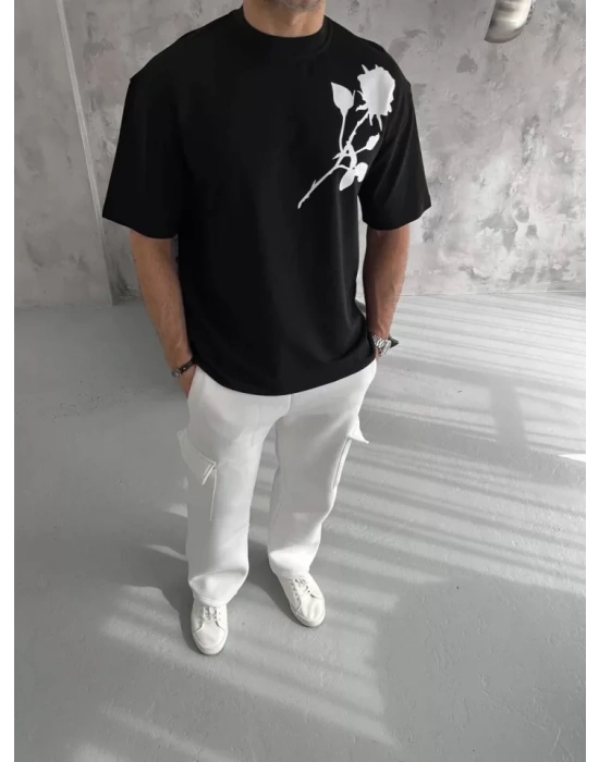 Unisex Bisiklet Yaka Baskılı Oversize T-Shirt - Siyah