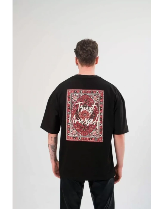 Unisex Bisiklet Yaka Baskılı Oversize T-Shirt - Siyah