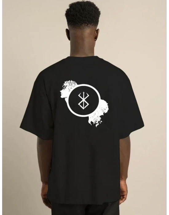 Unisex Bisiklet Yaka Baskılı Oversize T-Shirt - Siyah