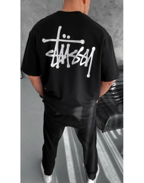 Unisex Bisiklet Yaka Baskılı Oversize T-Shirt - Siyah