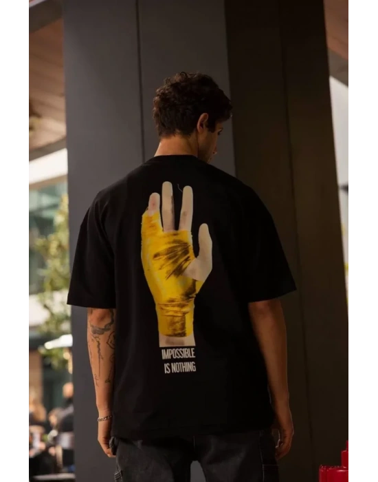 Unisex Bisiklet Yaka Baskılı Oversize T-Shirt - Siyah